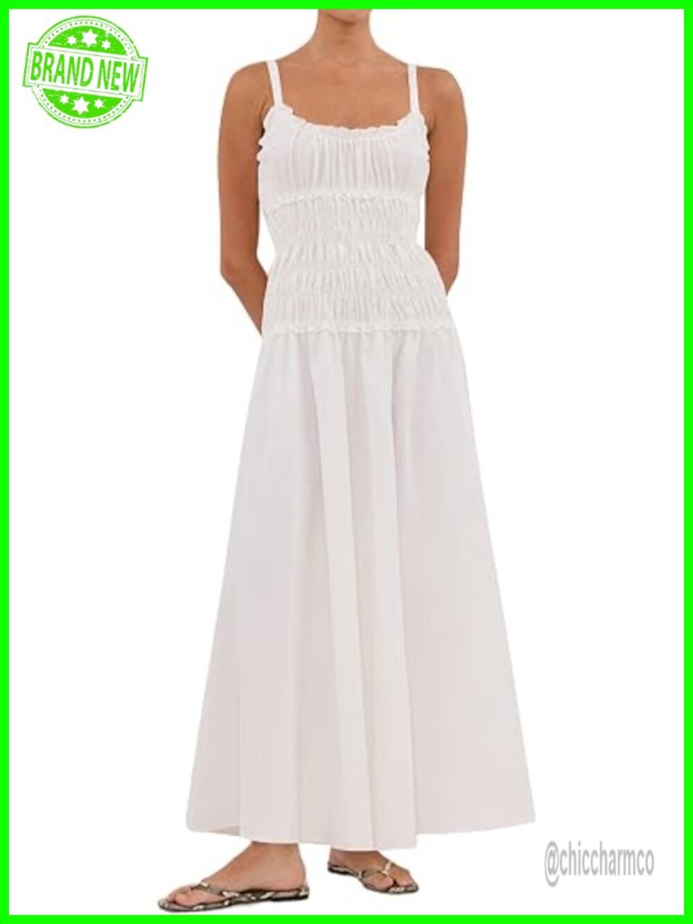 Spaghetti Strap Maxi Dress Scoop Neck Ruched Flowy Long Cotton Sundress